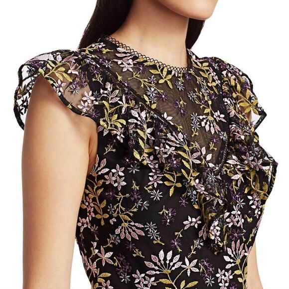 Monique Lhullier Flutter Sleeve Floral Embroidered Cocktail Dress Size 4 Black - Picture 8 of 10